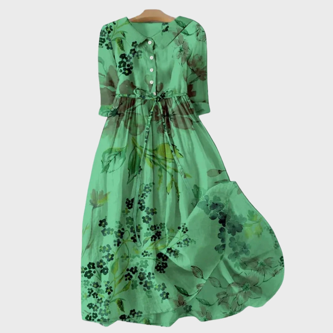 Groene Jurk met Schaduwachtige Bloemen