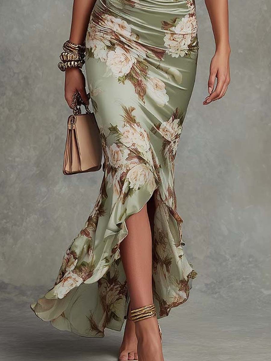 Ana | Lange Satijnen Jurk met Bloemenprint