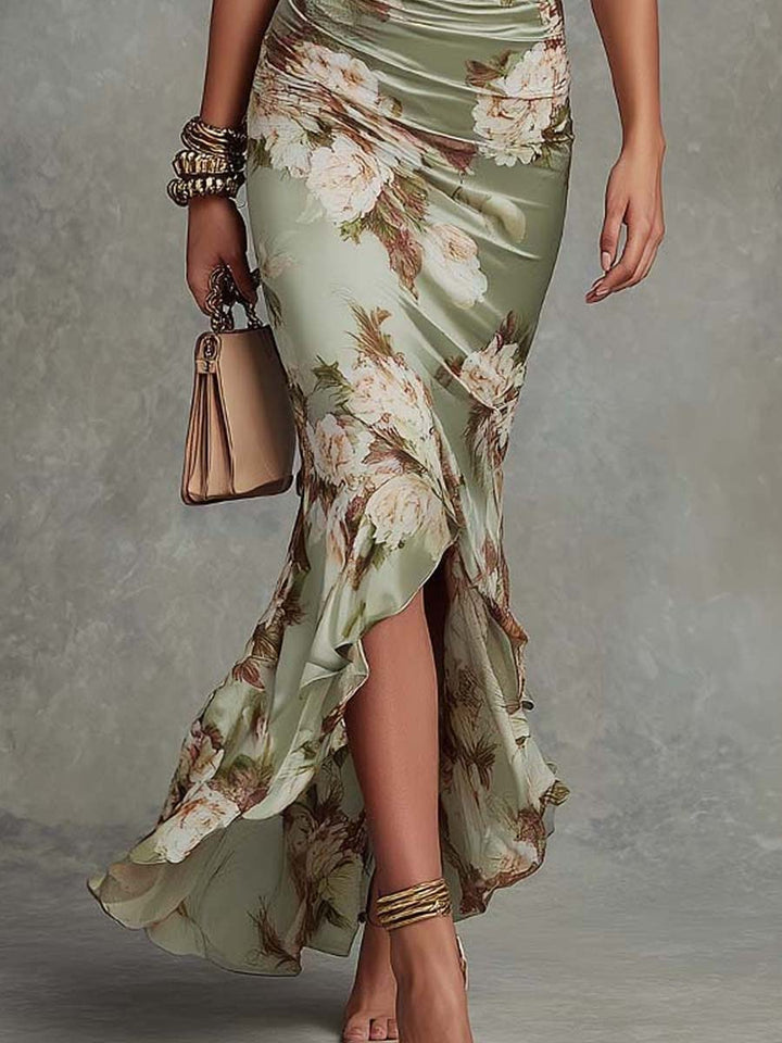 Ana | Lange Satijnen Jurk met Bloemenprint