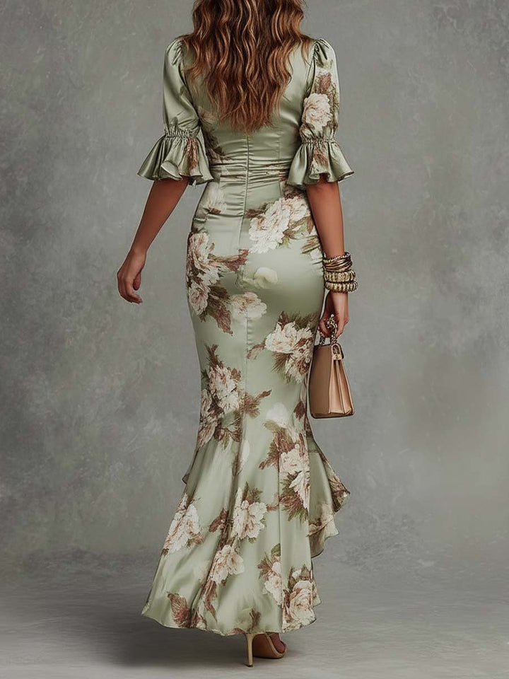 Ana | Lange Satijnen Jurk met Bloemenprint